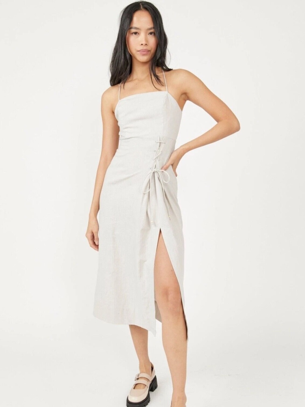 FREE PEOPLE Free-Est TAUPE Lace-up FRANCESCA Cotton & Linen MIDI Slit
DRESS